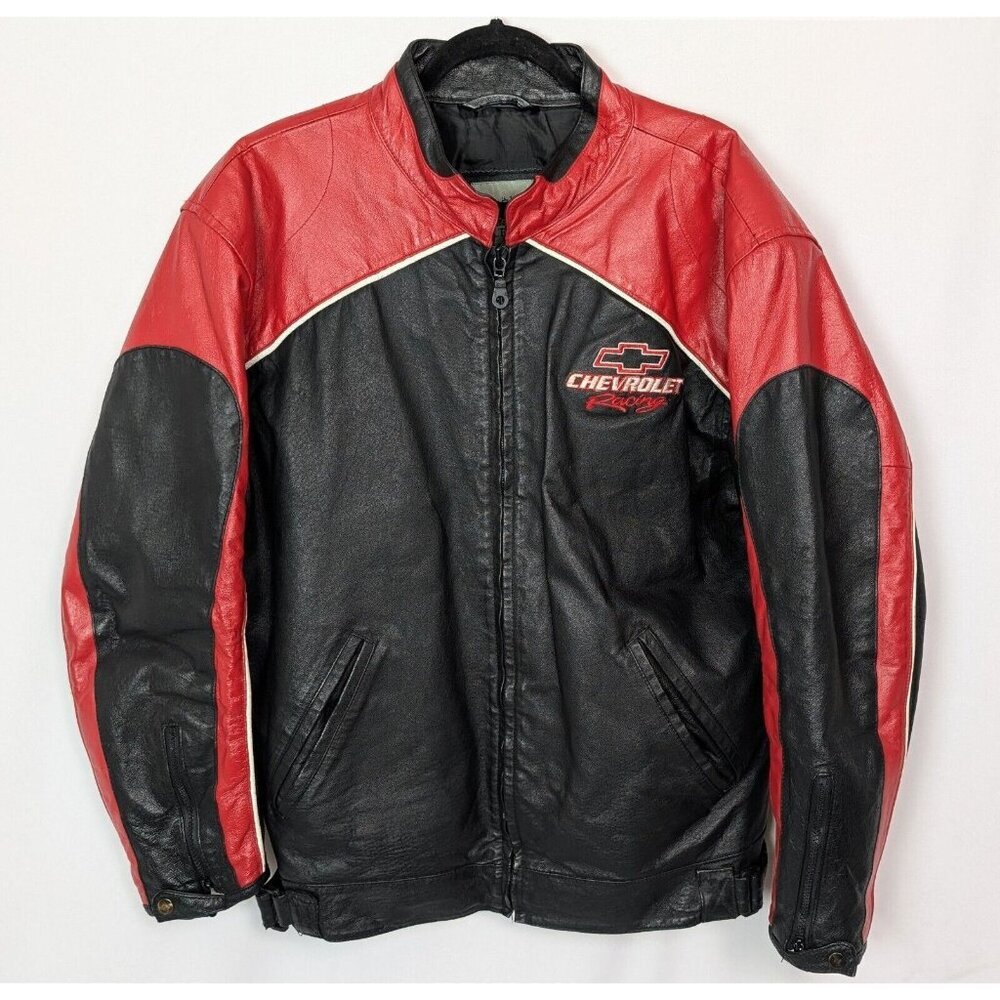 Burk's Bay XL Cafe Racer Leather Jacket Coat Black & Red Chevrolet Racing Logo
